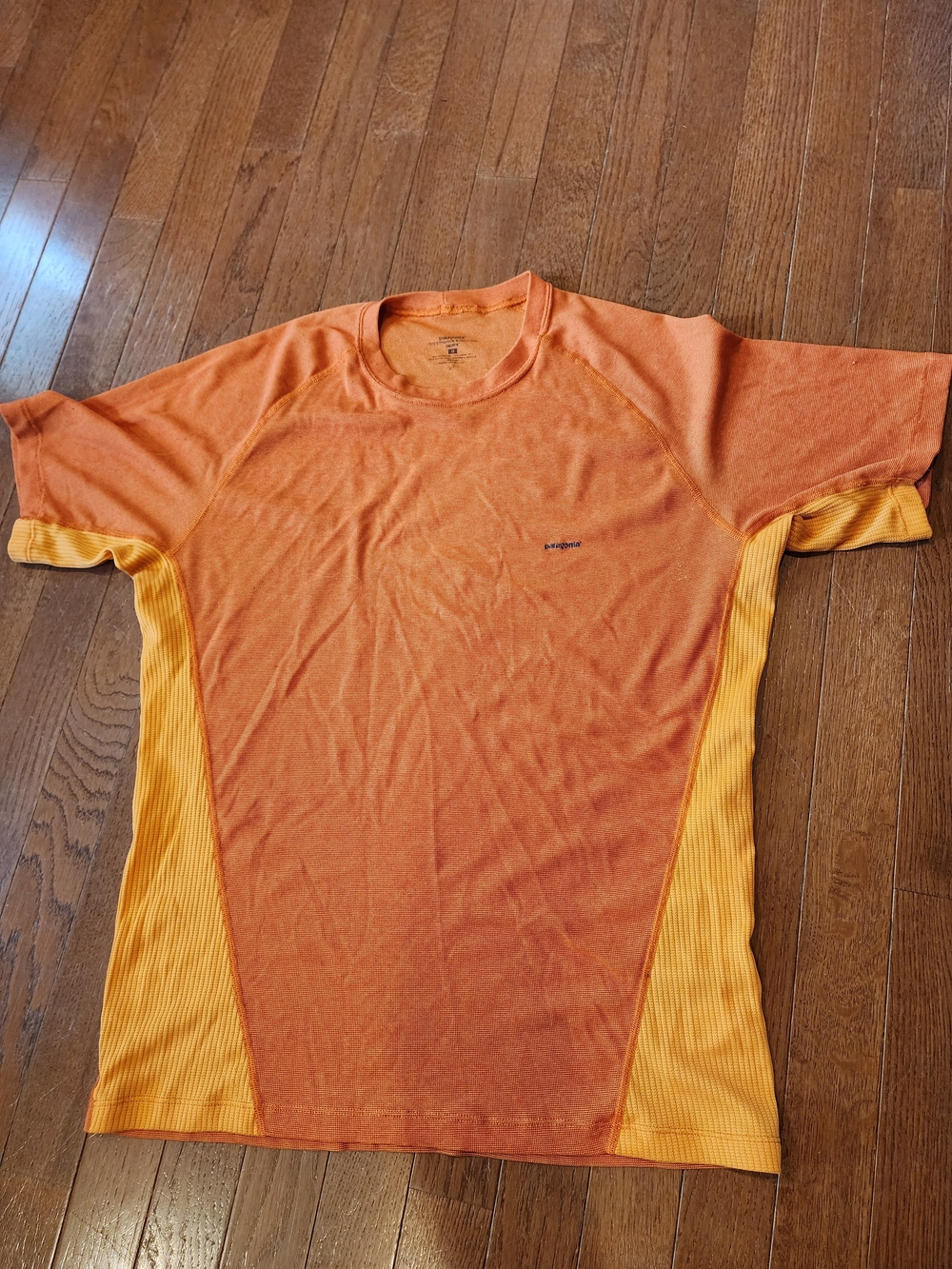 Patagonia Orange Short-Sleeve Performance Tee with Gold Side Panels
